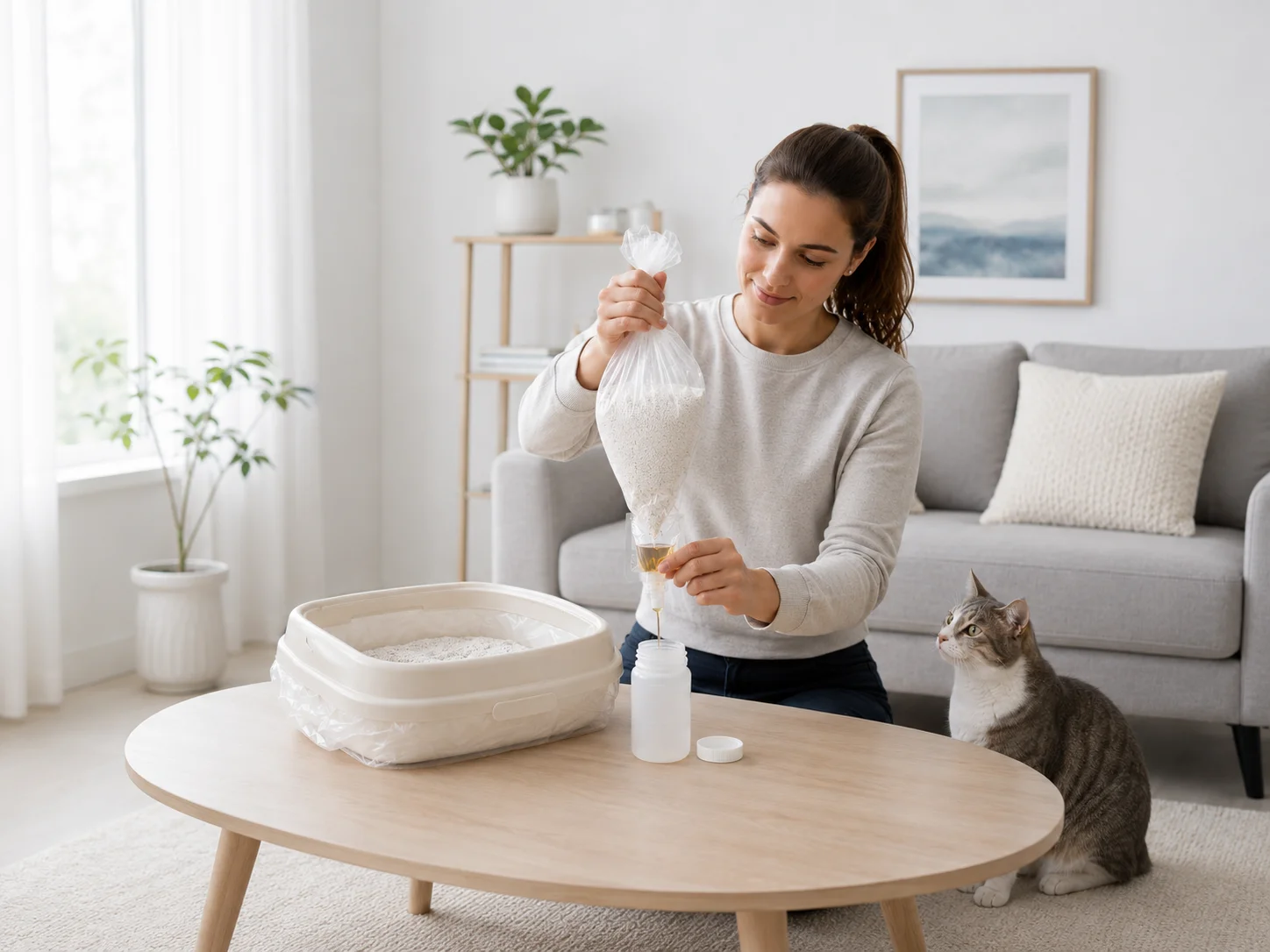 Happy cat owner petting cat at home